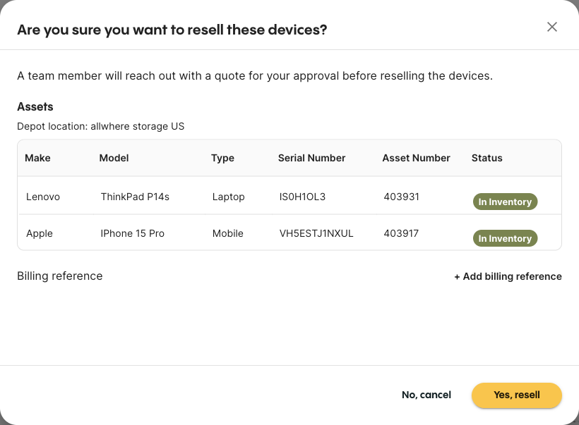 Resell confirmation listing every selected device