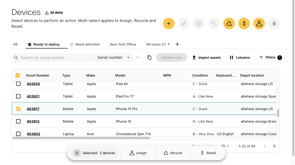 Asset Dashboard with several devices selected and the Resell and Recycle actions in the selection bar
